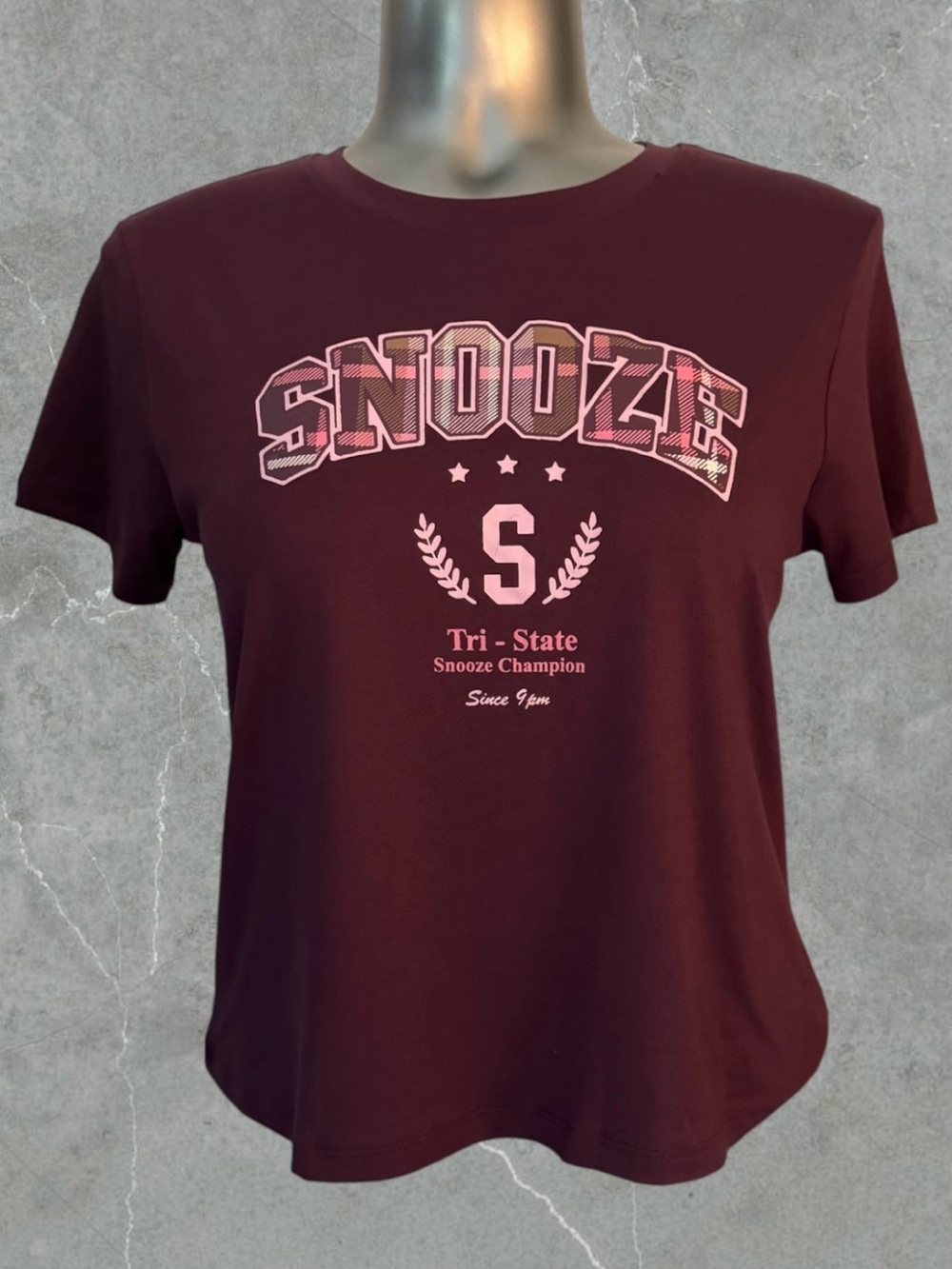 Free | Burgundy Tee with Pink 'Snooze' Graphic